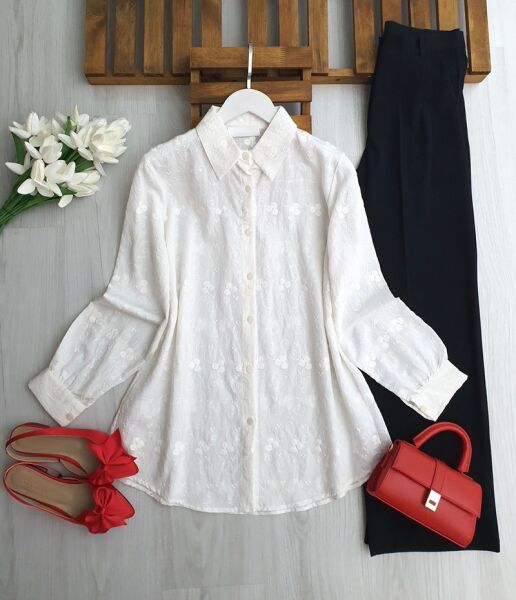 UNGE KENDİNDEN DESENLİ JAKARLI GÖMLEK TUNİK 5682-20-BEYAZ - 1