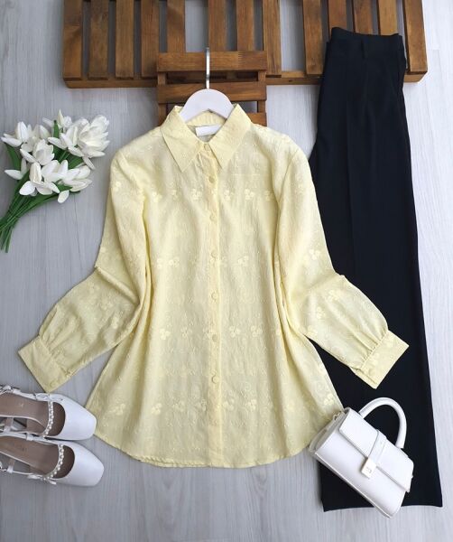 UNGE KENDİNDEN DESENLİ JAKARLI GÖMLEK TUNİK B8-5-5682-23-SARI - 1