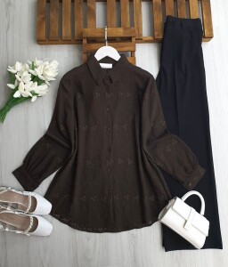 UNGE KENDİNDEN DESENLİ JAKARLI GÖMLEK TUNİK B8-5-5682-37-KAHVE - 