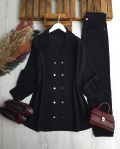 UNGES ÇİFT SIRA DÜĞMELİ KIVRIK YAKA TUNİK KAP B2-3-5669-01-SİYAH - 