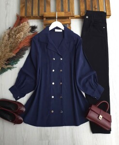 UNGES ÇİFT SIRA DÜĞMELİ KIVRIK YAKA TUNİK KAP B2-3-5669-12-LACİVERT - 