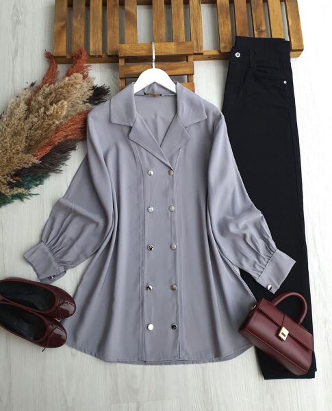 UNGES ÇİFT SIRA DÜĞMELİ KIVRIK YAKA TUNİK KAP B2-3-5669-26-GRİ - 1