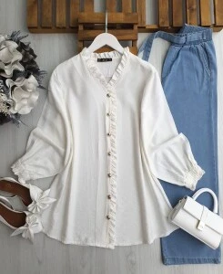 UNLSA FIRFIRLI V YAKA METAL DÜĞMELİ GÖMLEK TUNİK B10-5-5583-20-BEYAZ - 