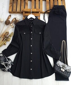 UPAL CEP KAPAKLI ÇİZGİLİ GÖMLEK TUNİK A7-5-5412-01-SİYAH - 