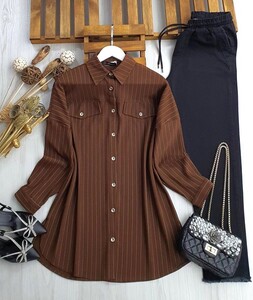 UPAL CEP KAPAKLI ÇİZGİLİ GÖMLEK TUNİK A7-5-5412-37-KAHVE - 