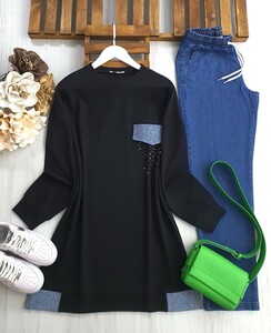 UPENA TAŞ CEP KOT DETAYLI TUNİK B11-5-5408-01-SİYAH - 