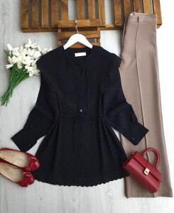 UPYES DANTEL DETAYLI SİVRİ BÜYÜK YAKA GÖMLEK TUNİK B7-1-5703-01-SİYAH - 1