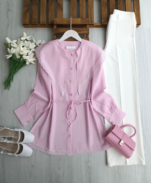 UPYES DANTEL DETAYLI SİVRİ BÜYÜK YAKA GÖMLEK TUNİK B7-1-5703-05-PUDRA - 1