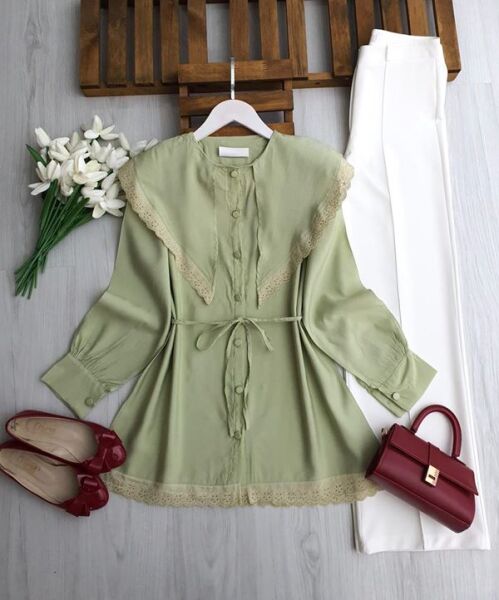 UPYES DANTEL DETAYLI SİVRİ BÜYÜK YAKA GÖMLEK TUNİK B7-1-5703-08-MİNT - 1