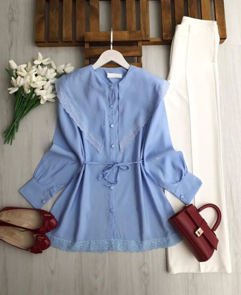 UPYES DANTEL DETAYLI SİVRİ BÜYÜK YAKA GÖMLEK TUNİK B7-1-5703-10-MAVİ - 1