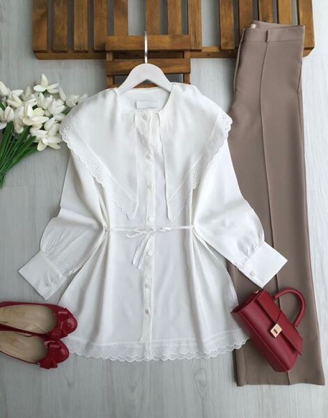 UPYES DANTEL DETAYLI SİVRİ BÜYÜK YAKA GÖMLEK TUNİK B7-1-5703-20-BEYAZ - 1