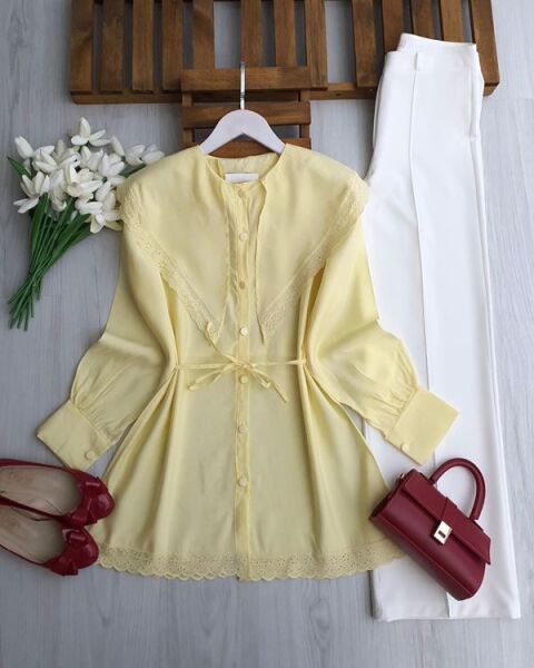 UPYES DANTEL DETAYLI SİVRİ BÜYÜK YAKA GÖMLEK TUNİK B7-1-5703-23-SARI - 1