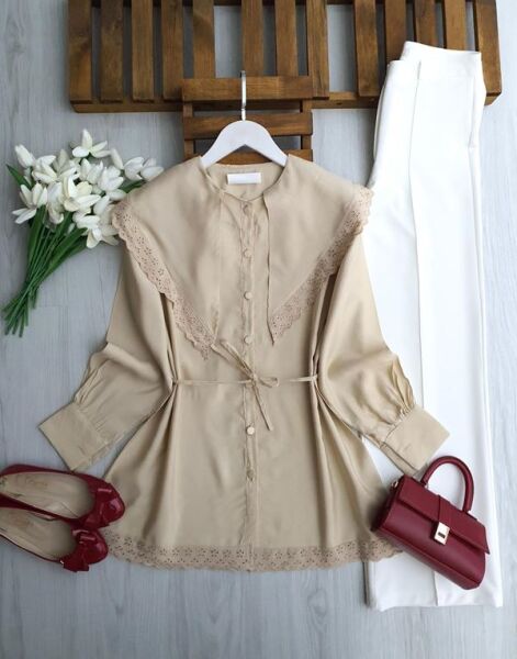 UPYES DANTEL DETAYLI SİVRİ BÜYÜK YAKA GÖMLEK TUNİK B7-1-5703-34-BEJ - 1