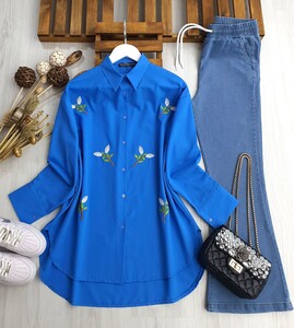 UQNE ÇİÇEK NAKIŞLI GÖMLEK B2-1-5330-14-SAKS - 