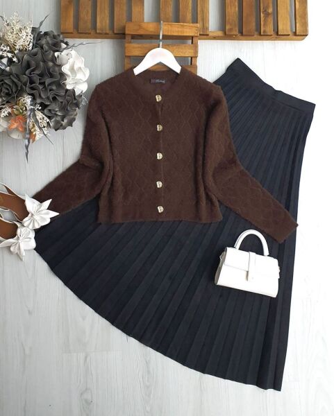 URNES BAKLAVA DESENLİ ANGORA HIRKA 8166-37-KAHVE - 1