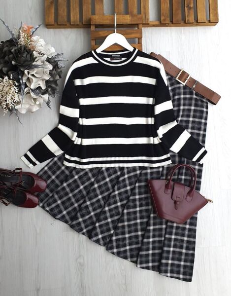 USEW KALIN ÇİZGİLİ TRİKO KAZAK 8178-100-SİYAH-BEYAZ - 1