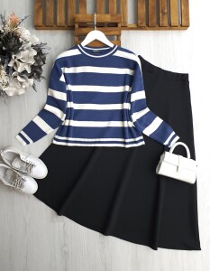 USEW KALIN ÇİZGİLİ TRİKO KAZAK 8178-11-İNDİGO - 