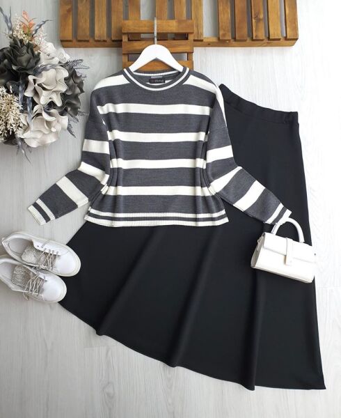 USEW KALIN ÇİZGİLİ TRİKO KAZAK 8178-58-FÜME - 1