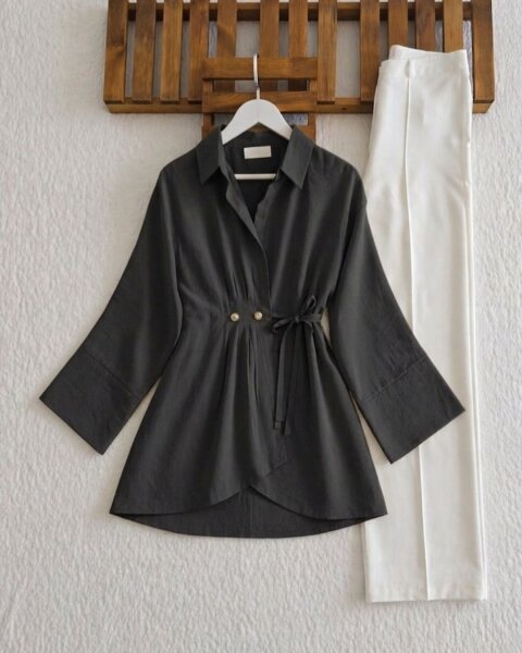 USLA SÜS DÜĞMELİ İÇ VE DIŞ BAĞLAMALI PİLELİ TUNİK KAP A4-4-3236-01-SİYAH - 1