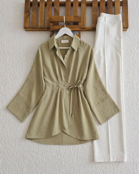 USLA SÜS DÜĞMELİ İÇ VE DIŞ BAĞLAMALI PİLELİ TUNİK KAP A4-4-3236-09-HAKİ - 1