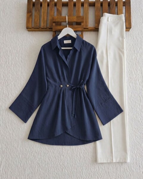 USLA SÜS DÜĞMELİ İÇ VE DIŞ BAĞLAMALI PİLELİ TUNİK KAP A4-4-3236-12-LACİVERT - 1