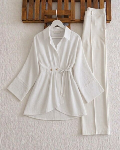 USLA SÜS DÜĞMELİ İÇ VE DIŞ BAĞLAMALI PİLELİ TUNİK KAP A4-4-3236-20-BEYAZ - 1