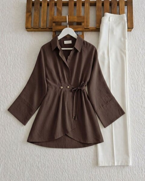 USLA SÜS DÜĞMELİ İÇ VE DIŞ BAĞLAMALI PİLELİ TUNİK KAP A4-4-3236-37-KAHVE - 1