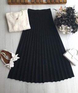 UVEDE PİLİSELİ BELİ LASTİKLİ SÜET ETEK B5-2-6081-01-SİYAH - 