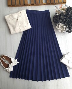 UVEDE PİLİSELİ BELİ LASTİKLİ SÜET ETEK B5-2-6081-12-LACİVERT - 1