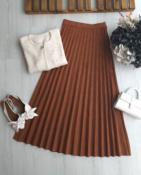 UVEDE PİLİSELİ BELİ LASTİKLİ SÜET ETEK B6-3-6081-17-TABA - 1