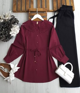 UVUDA İŞLEMELİ BEBE YAKA BELİ İPLİ GÖMLEK 5567-04-BORDO - 