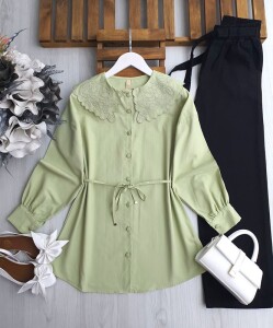 UVUDA İŞLEMELİ BEBE YAKA BELİ İPLİ GÖMLEK 5567-08-MİNT - 