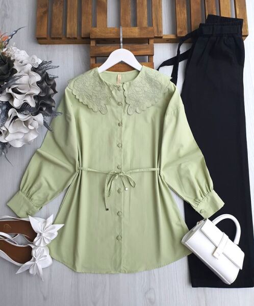 UVUDA İŞLEMELİ BEBE YAKA BELİ İPLİ GÖMLEK 5567-08-MİNT - 1