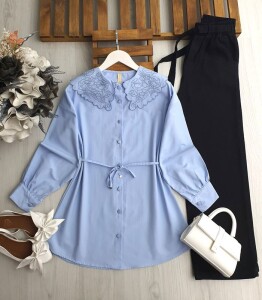UVUDA İŞLEMELİ BEBE YAKA BELİ İPLİ GÖMLEK 5567-10-MAVİ - 