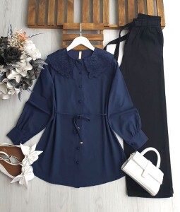 UVUDA İŞLEMELİ BEBE YAKA BELİ İPLİ GÖMLEK 5567-12-LACİVERT - 