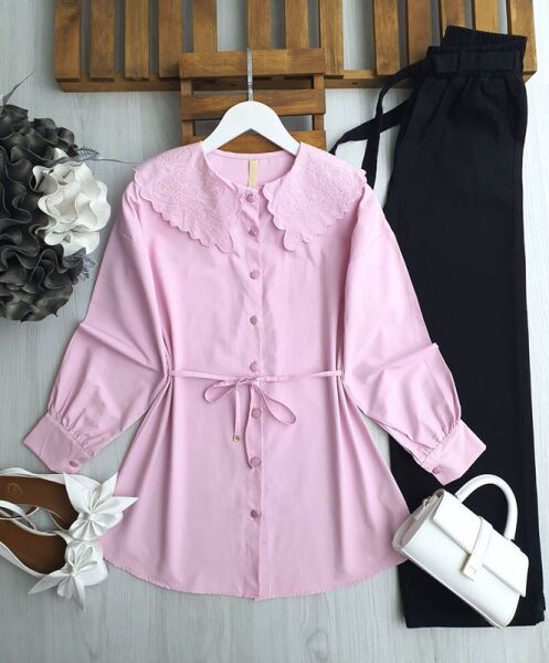 UVUDA İŞLEMELİ BEBE YAKA BELİ İPLİ GÖMLEK 5567-47-PEMBE - 1