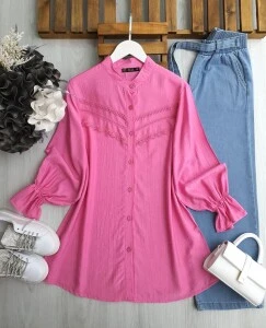 UWUY ÖNÜ GÜPÜRLÜ GÖMLEK TUNİK B7-5-5588-47-PEMBE - 