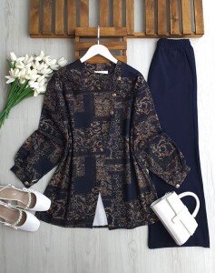 UYNE ÜÇ DÜĞME ÇİNİ DESEN CEKET PANTOLON TAKIM 1743-12-LACİVERT - 1