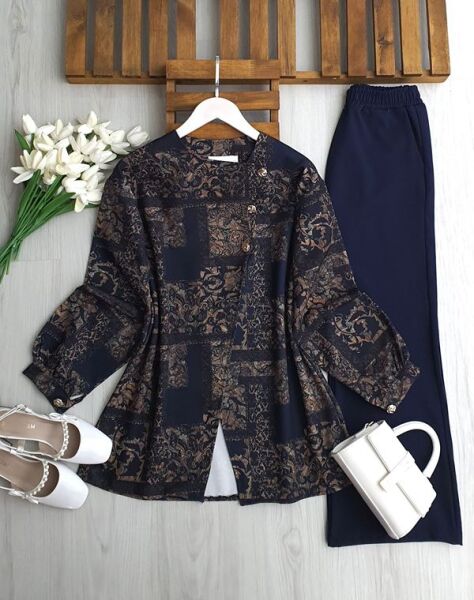 UYNE ÜÇ DÜĞME ÇİNİ DESEN CEKET PANTOLON TAKIM 1743-12-LACİVERT - 1