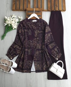 UYNE ÜÇ DÜĞME ÇİNİ DESEN CEKET PANTOLON TAKIM B7-3-1743-04-BORDO - 1