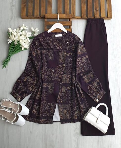 UYNE ÜÇ DÜĞME ÇİNİ DESEN CEKET PANTOLON TAKIM B7-3-1743-04-BORDO - 1