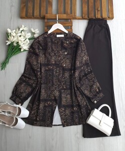 UYNE ÜÇ DÜĞME ÇİNİ DESEN CEKET PANTOLON TAKIM B7-3-1743-37-KAHVE - 1