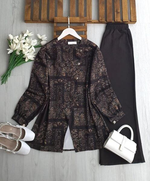 UYNE ÜÇ DÜĞME ÇİNİ DESEN CEKET PANTOLON TAKIM B7-3-1743-37-KAHVE - 1