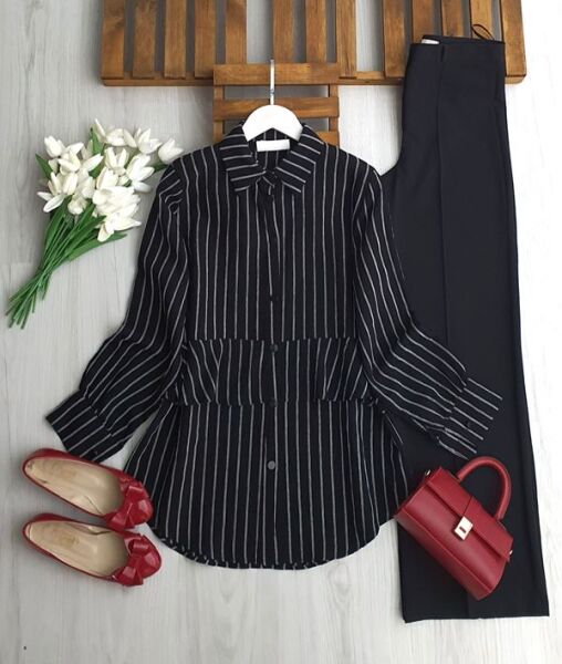 UZLE ALT FIRFIRLI BEYAZ ÇİZGİLİ GÖMLEK TUNİK 5692-01-SİYAH - 1