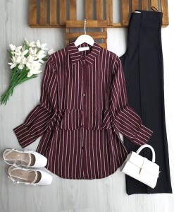 UZLE ALT FIRFIRLI BEYAZ ÇİZGİLİ GÖMLEK TUNİK 5692-04-BORDO - 1