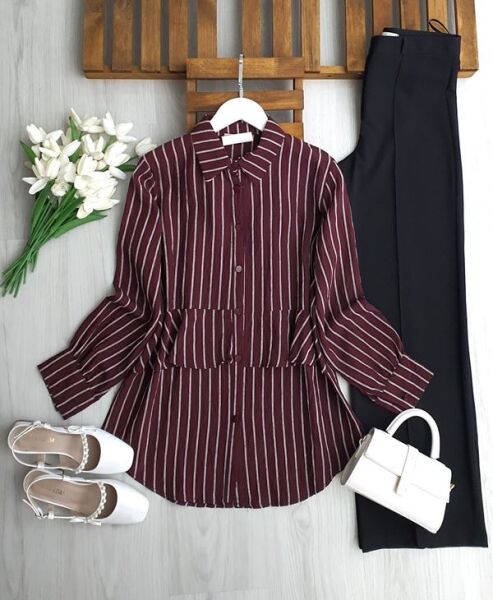 UZLE ALT FIRFIRLI BEYAZ ÇİZGİLİ GÖMLEK TUNİK 5692-04-BORDO - 1