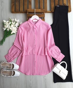 UZLE ALT FIRFIRLI BEYAZ ÇİZGİLİ GÖMLEK TUNİK 5692-05-PUDRA - 1