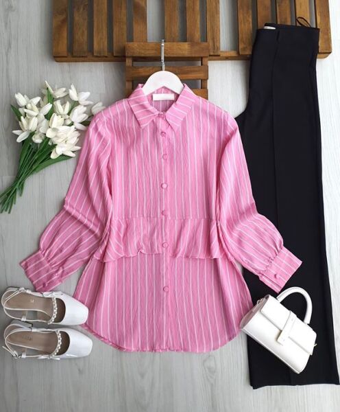 UZLE ALT FIRFIRLI BEYAZ ÇİZGİLİ GÖMLEK TUNİK 5692-05-PUDRA - 1