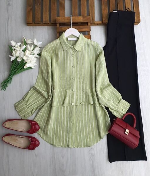 UZLE ALT FIRFIRLI BEYAZ ÇİZGİLİ GÖMLEK TUNİK 5692-08-MİNT - 1