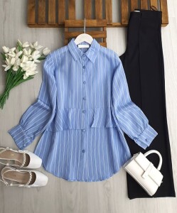 UZLE ALT FIRFIRLI BEYAZ ÇİZGİLİ GÖMLEK TUNİK 5692-10-MAVİ - 1